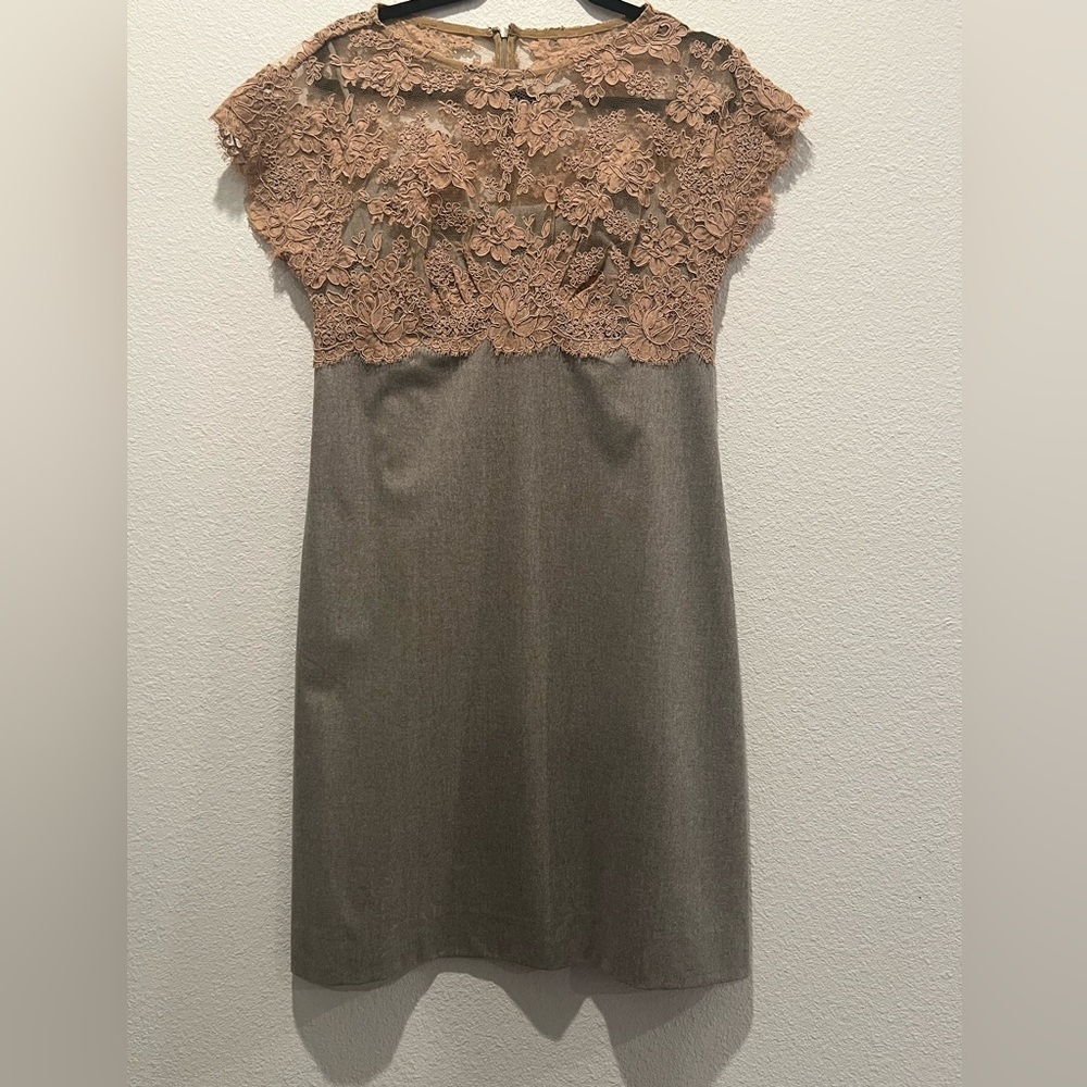 Shannon McLean Tan Gray Flannel Cocktail Dress Lace Bodice Cap Sleeve Size M